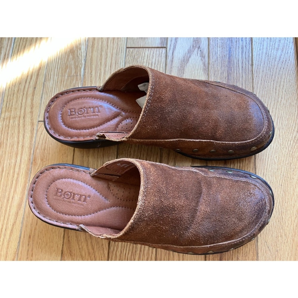 Vtg Brown Suede Studded Leather Clogs Mules Wedge Shoes Womens 8W Granola‎ Girl - Picture 5 of 9